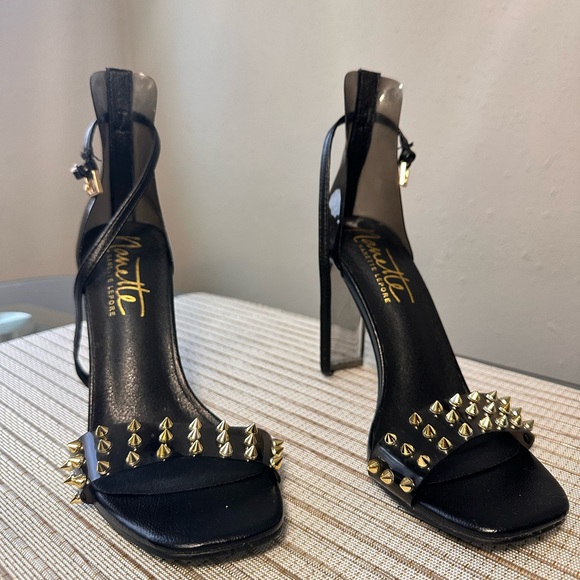 Black High Heel Sandals with Gold Studs - Picture 1 of 3